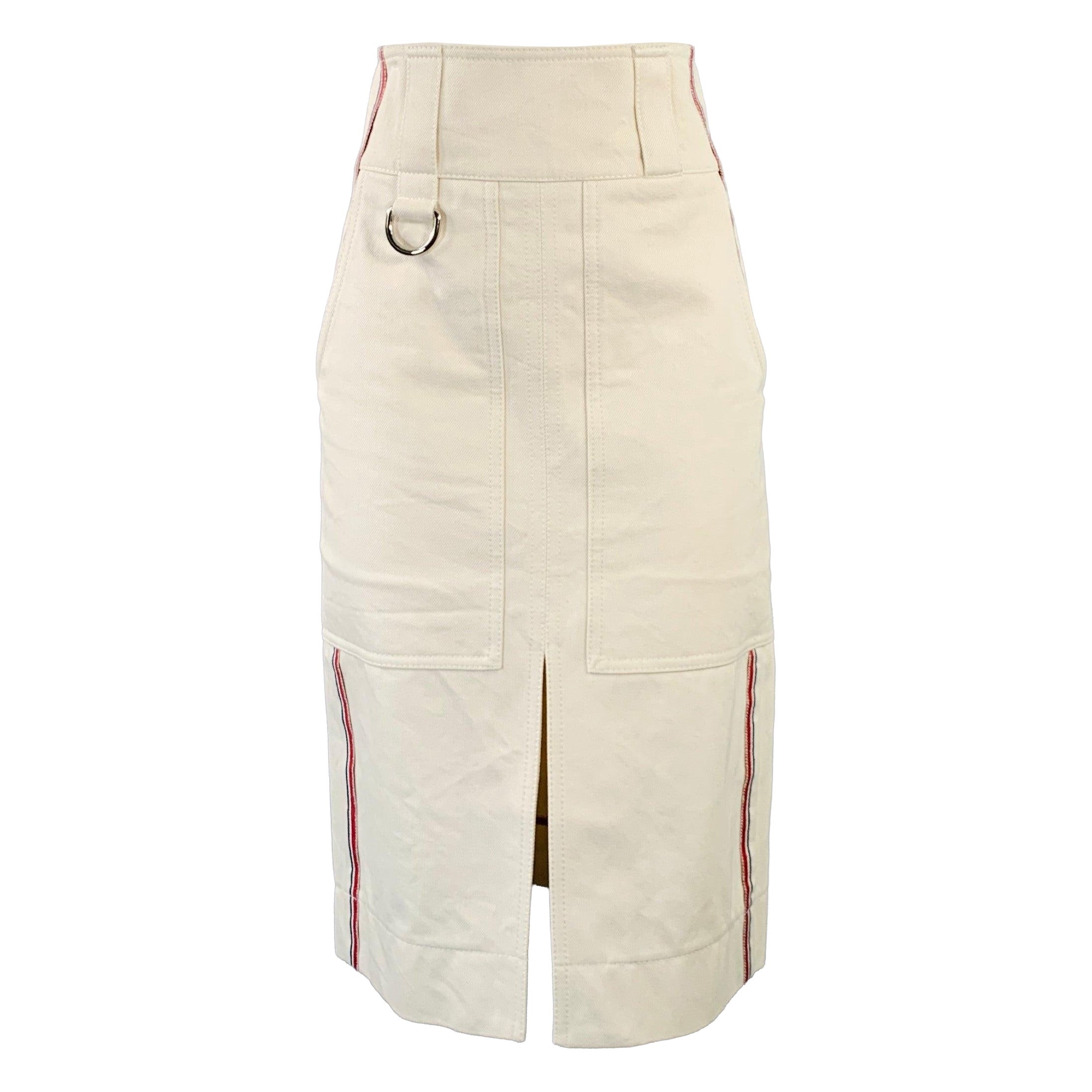 BURBERRY Size 0 Cream Red Blue Cotton Twill Stripe Midi Skirt For Sale