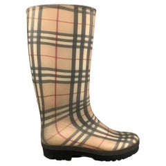 Used BURBERRY Size 10 Beige & Black Plaid Rubber Boots