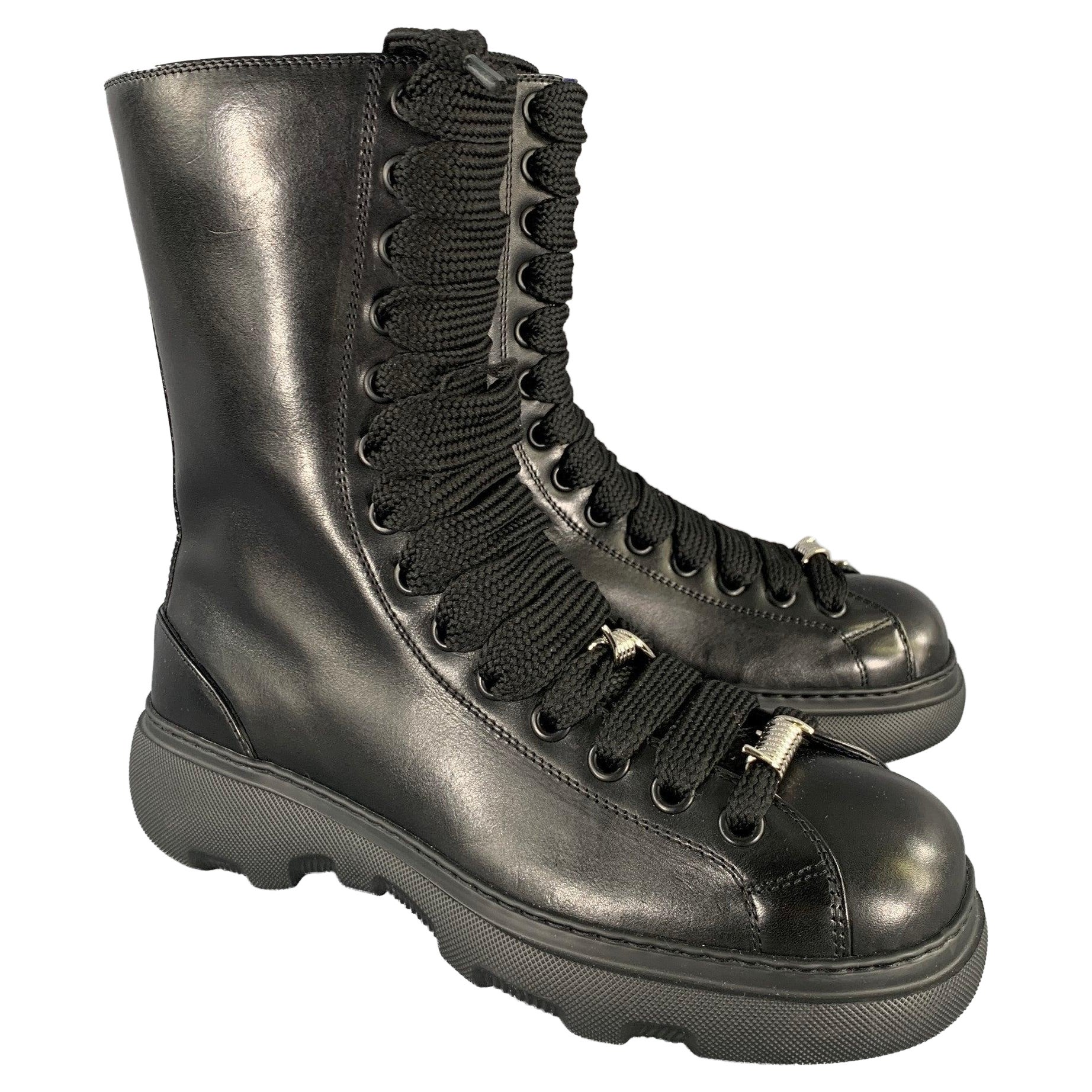 BURBERRY Size 10 Black Leather Lace Up Boots