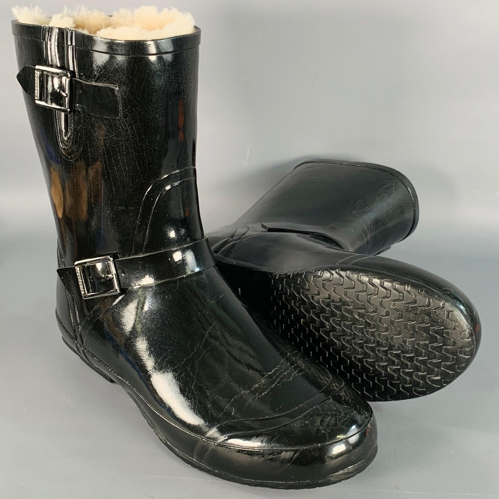 De los hombres BURBERRY Talla 10 Botas de lluvia negras de caucho forradas de piel de oveja en venta