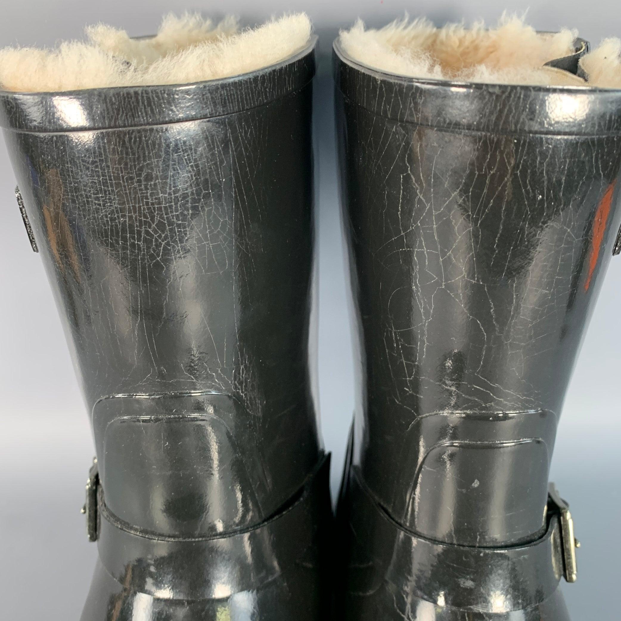 BURBERRY Talla 10 Botas de lluvia negras de caucho forradas de piel de oveja en venta 3