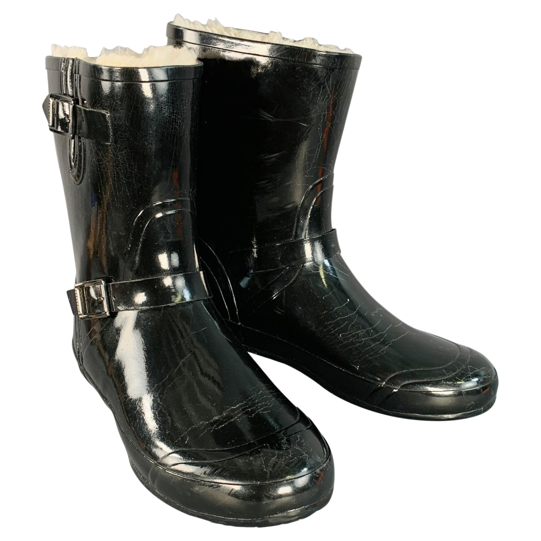 BURBERRY Größe 10 Schwarz Gummi Shearling gefüttert Regenstiefel