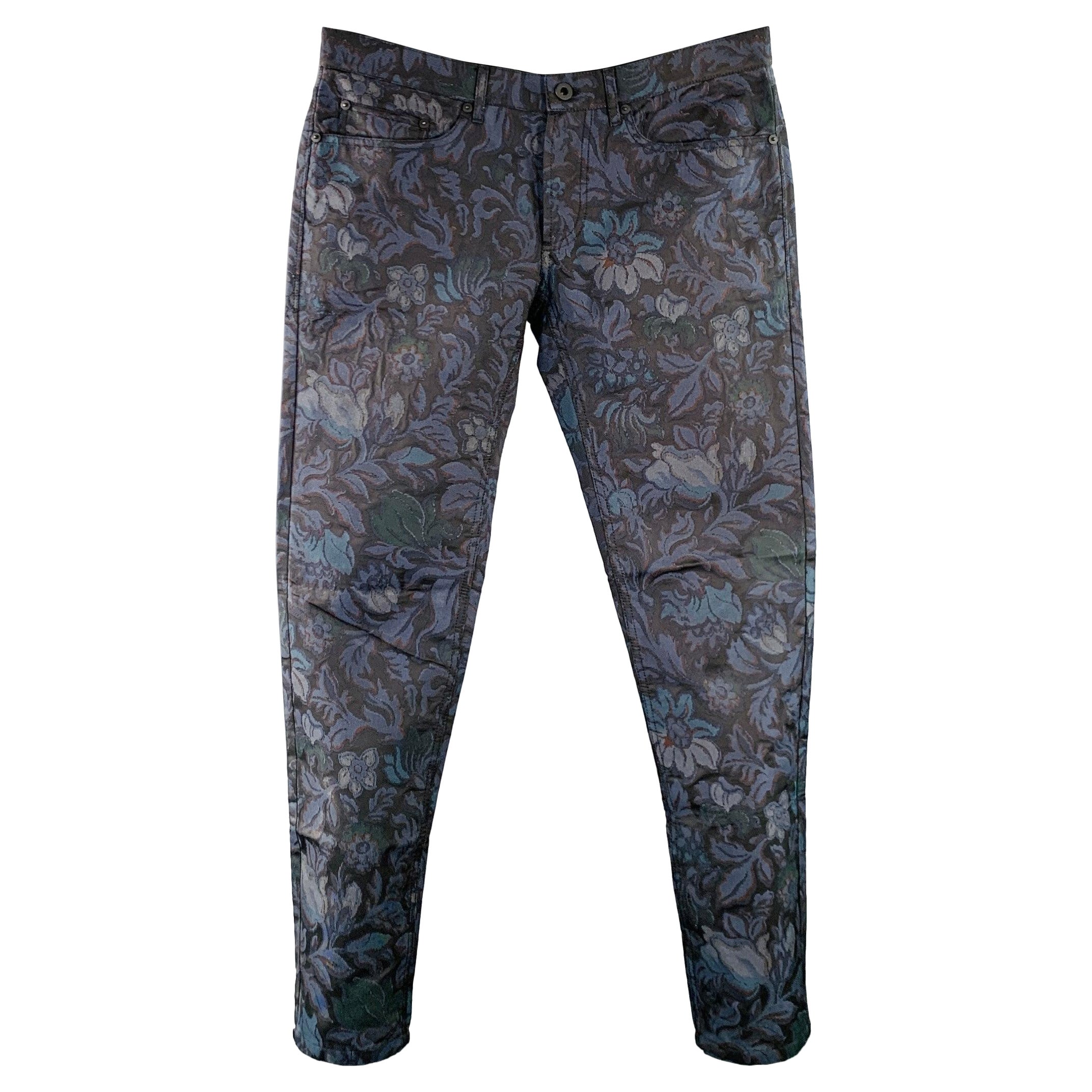 BURBERRY Size 32 Navy Brown Tapestry Polyester Cotton Tapered Slim Jeans For Sale