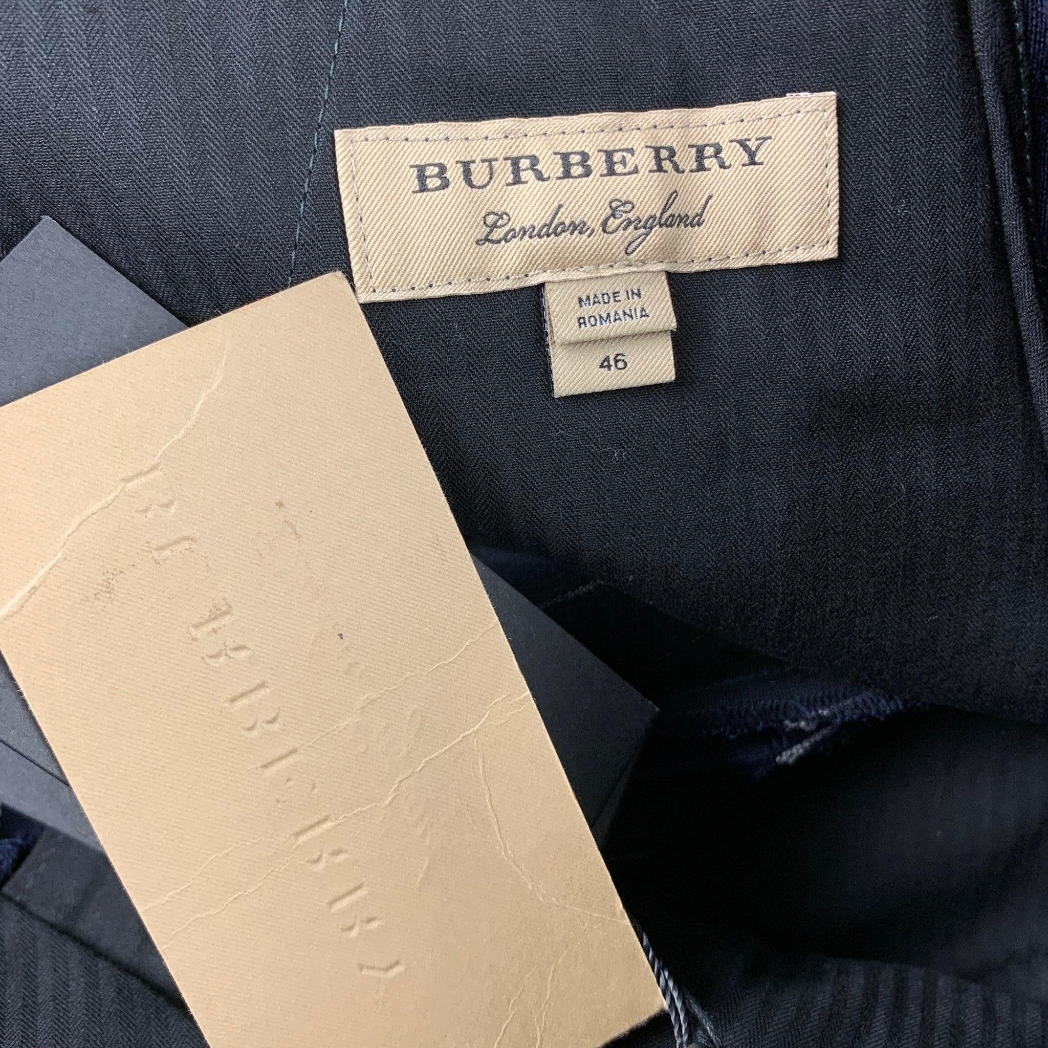 BURBERRY Size 36 Green & Navy Vertical Stripe Wool / Cotton Notch Lapel Suit For Sale 7