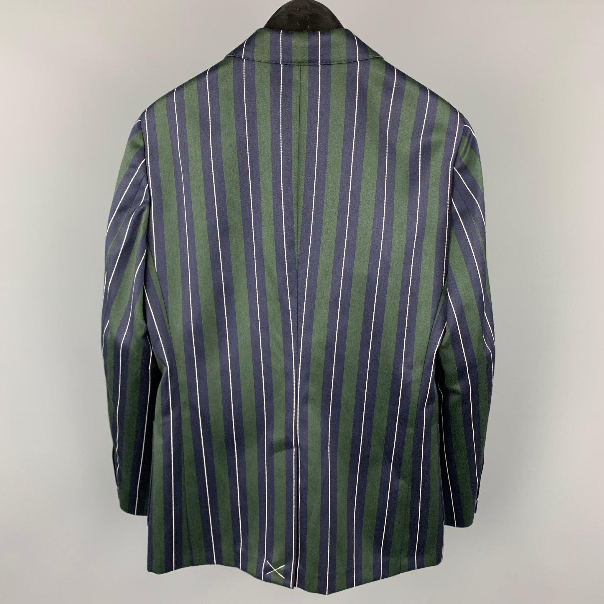 BURBERRY Size 36 Green & Navy Vertical Stripe Wool / Cotton Notch Lapel Suit In Good Condition For Sale In San Francisco, CA