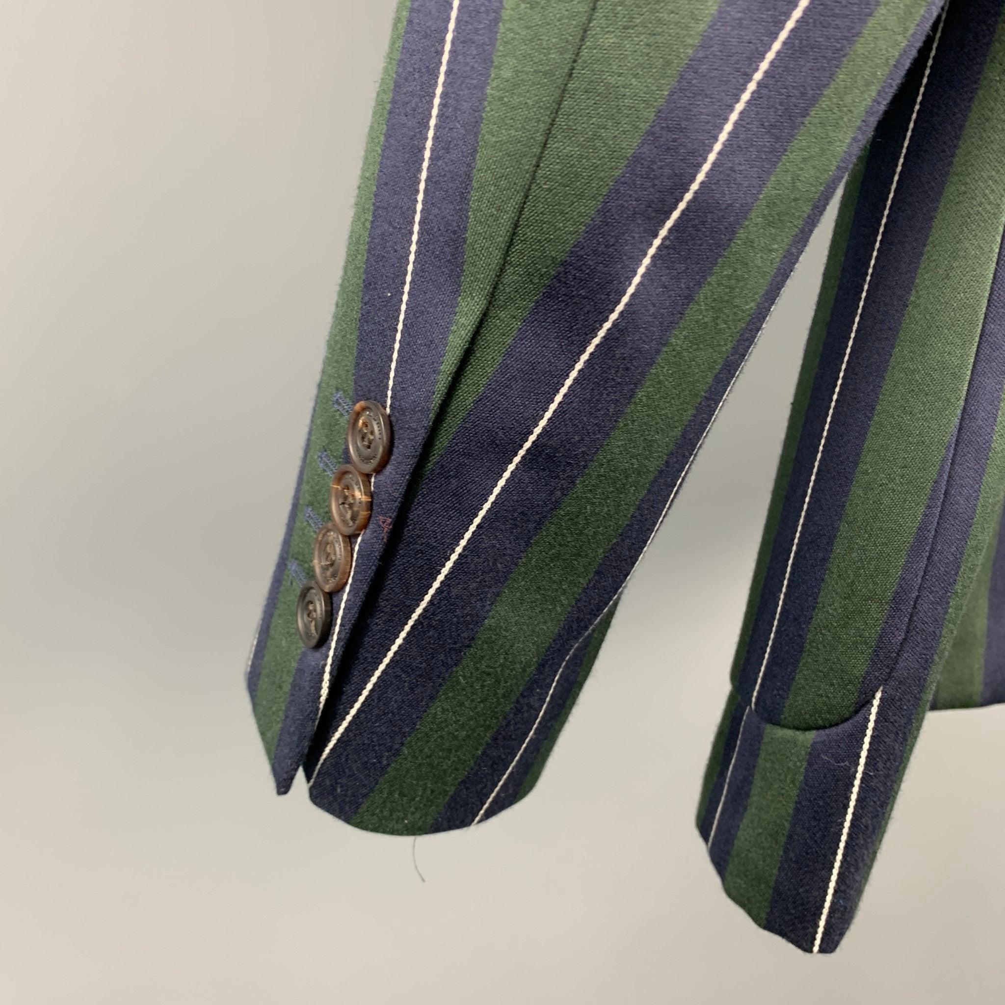 Men's BURBERRY Size 36 Green & Navy Vertical Stripe Wool / Cotton Notch Lapel Suit For Sale