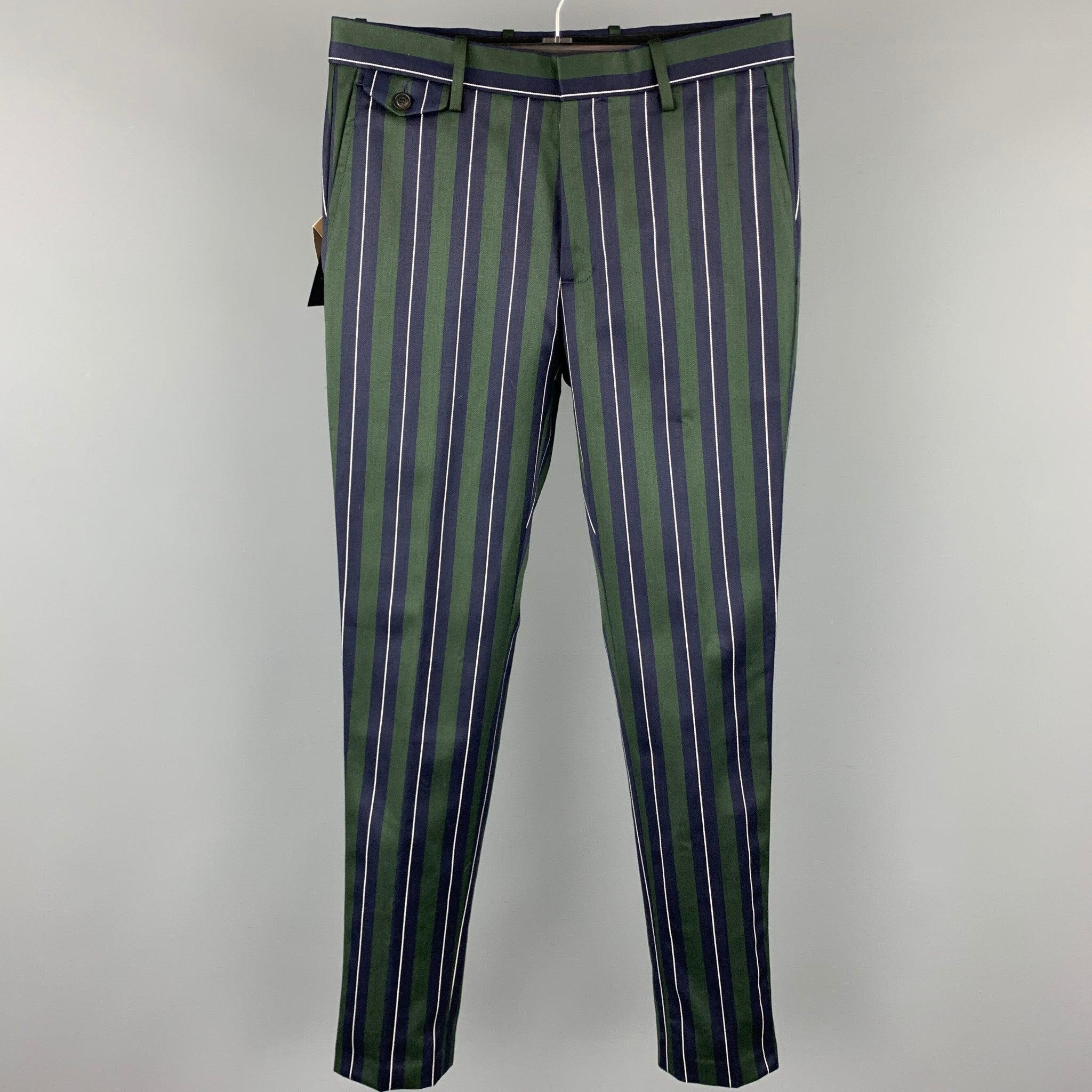 BURBERRY Size 36 Green & Navy Vertical Stripe Wool / Cotton Notch Lapel Suit For Sale 1