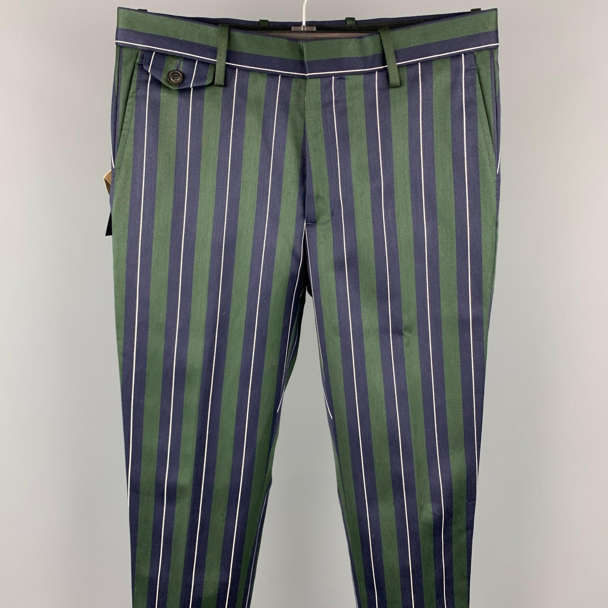 BURBERRY Size 36 Green & Navy Vertical Stripe Wool / Cotton Notch Lapel Suit For Sale 2