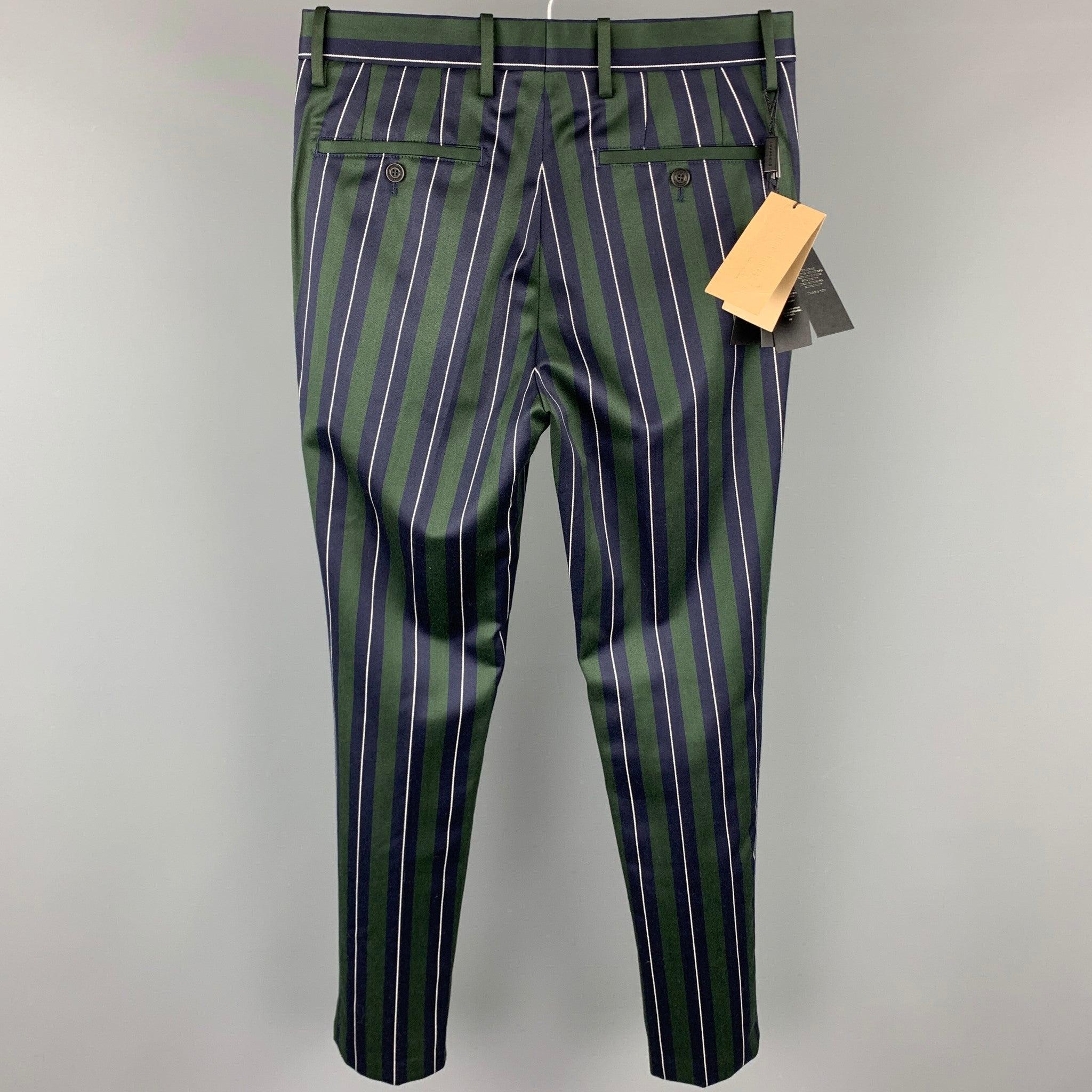 BURBERRY Size 36 Green & Navy Vertical Stripe Wool / Cotton Notch Lapel Suit For Sale 3