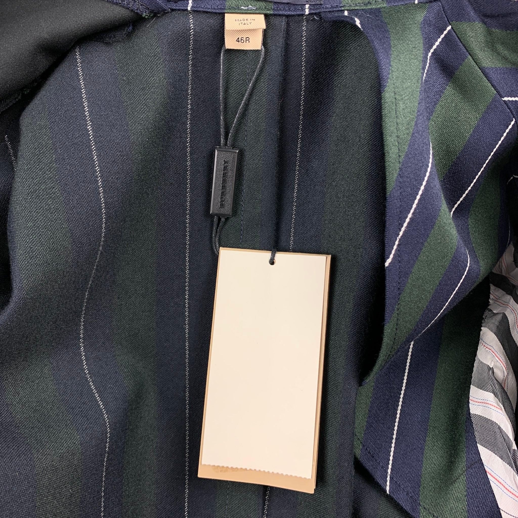 BURBERRY Size 36 Green & Navy Vertical Stripe Wool / Cotton Notch Lapel Suit For Sale 4