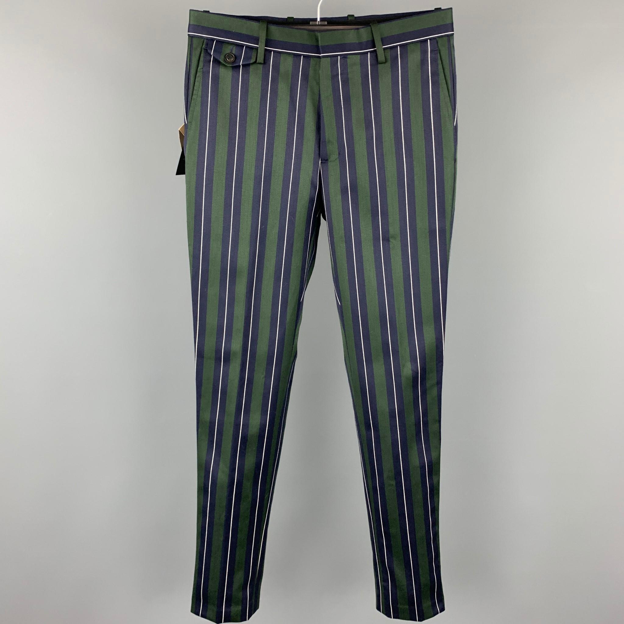 BURBERRY Size 36 Regular Green & Navy Vertical Stripe Wool / Cotton Notch Lapel  In New Condition In San Francisco, CA