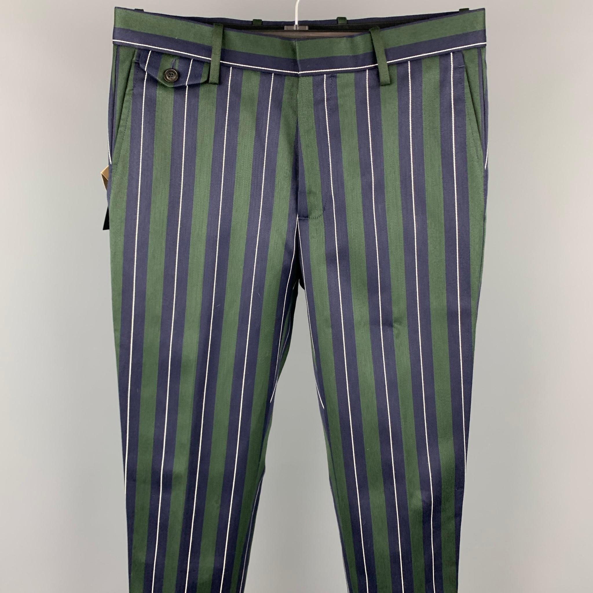 Men's BURBERRY Size 36 Regular Green & Navy Vertical Stripe Wool / Cotton Notch Lapel 