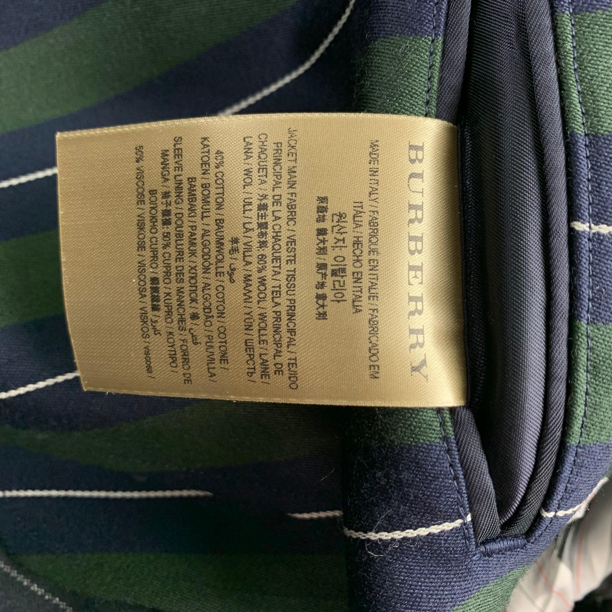 BURBERRY Size 36 Regular Green & Navy Vertical Stripe Wool / Cotton Notch Lapel  3