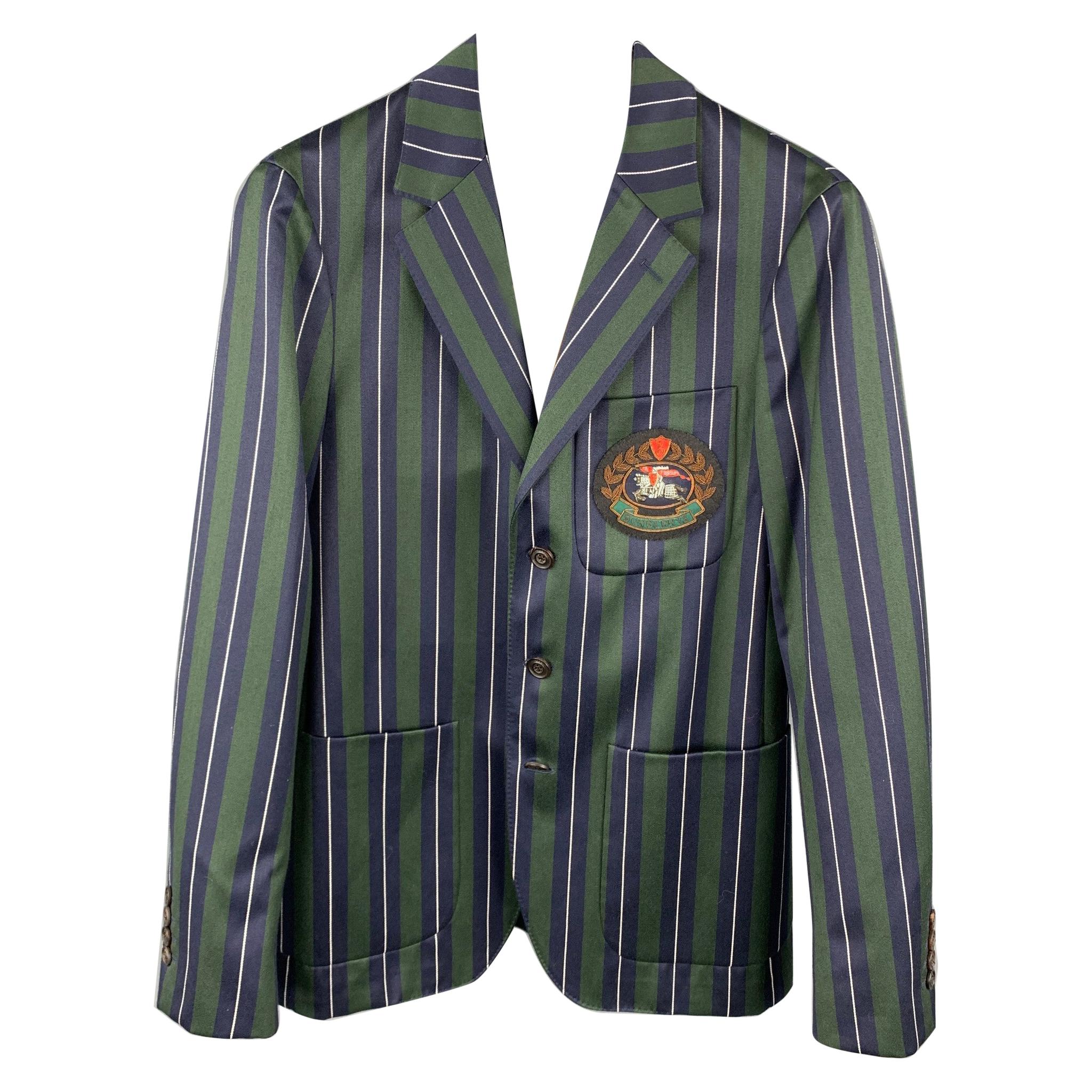 BURBERRY Size 36 Regular Green & Navy Vertical Stripe Wool / Cotton Notch Lapel 