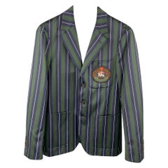 BURBERRY Size 36 Regular Green & Navy Vertical Stripe Wool / Cotton Notch Lapel