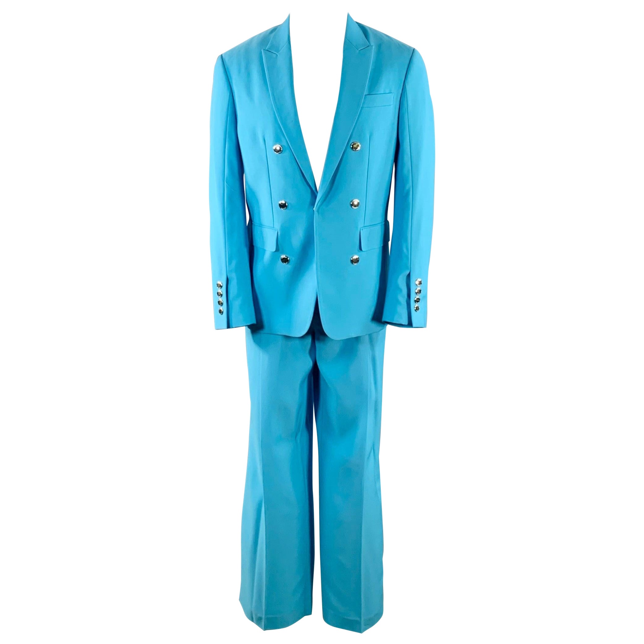 Pre-owned Burberry Size 38 Aqua Wool Peak Lapel Double Breasted Suit In Blue