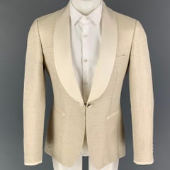 BURBERRY - Manteau de sport à col châle en lin et soie tissé grège beige, taille 38