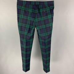 BURBERRY Size 38 Green Navy Blackwatch Plaid Wool Zip Fly Dress Pants