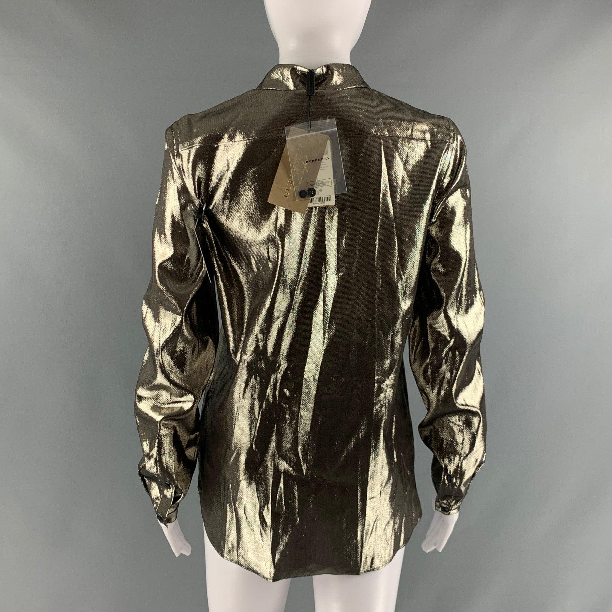 BURBERRY Size 4 Gold Silk Metallic Button Up Shirt In Excellent Condition For Sale In San Francisco, CA