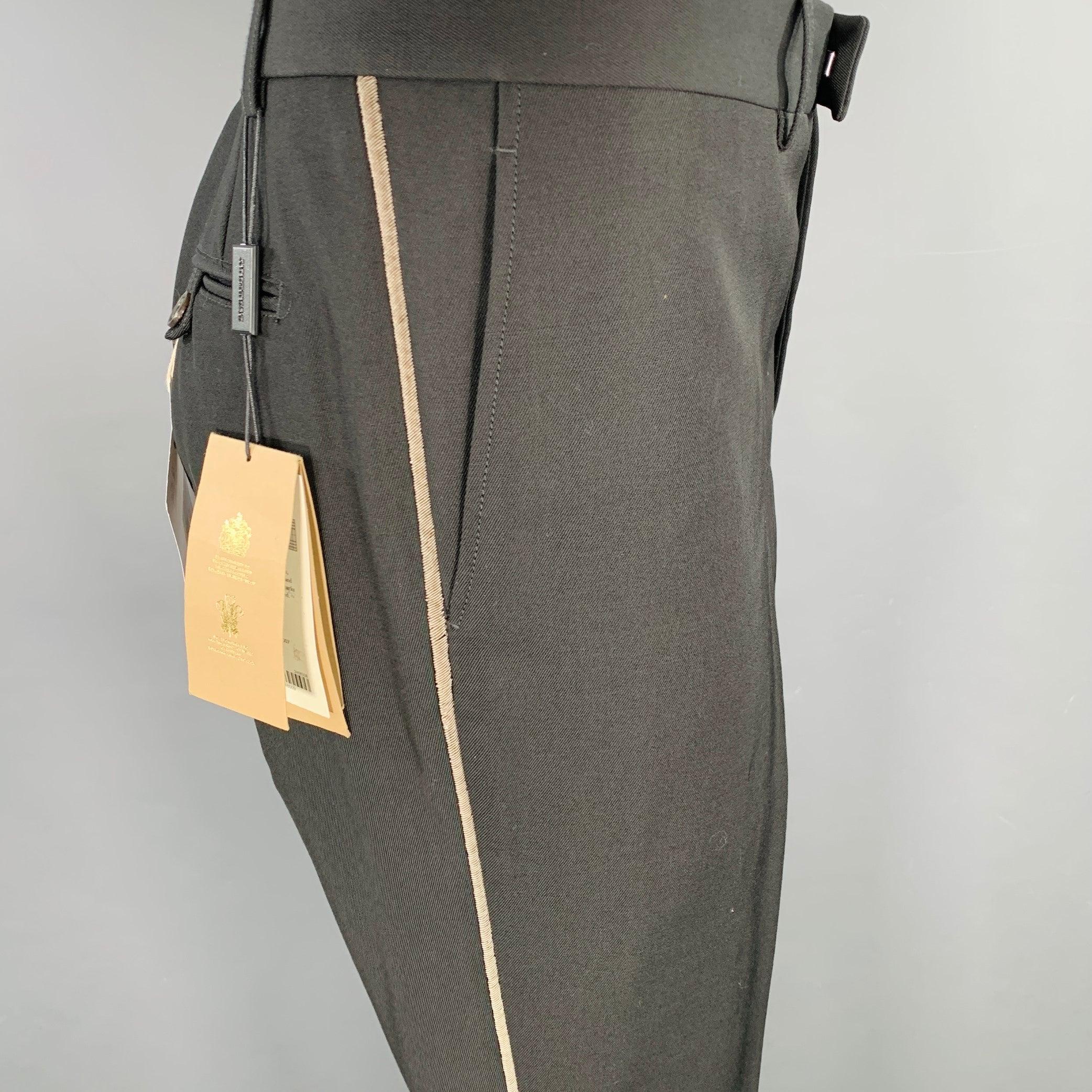 BURBERRY dress pants
in a black wool featuring metallic side stripe trim, flat front, and zip fly closure. Made in Italy.Excellent Pre-Owned Condition. 

Marked:   IT 56 

Measurements: 
  Waist: 40 inches Rise: 9.5 inches Inseam: 34 inches 
  
  
