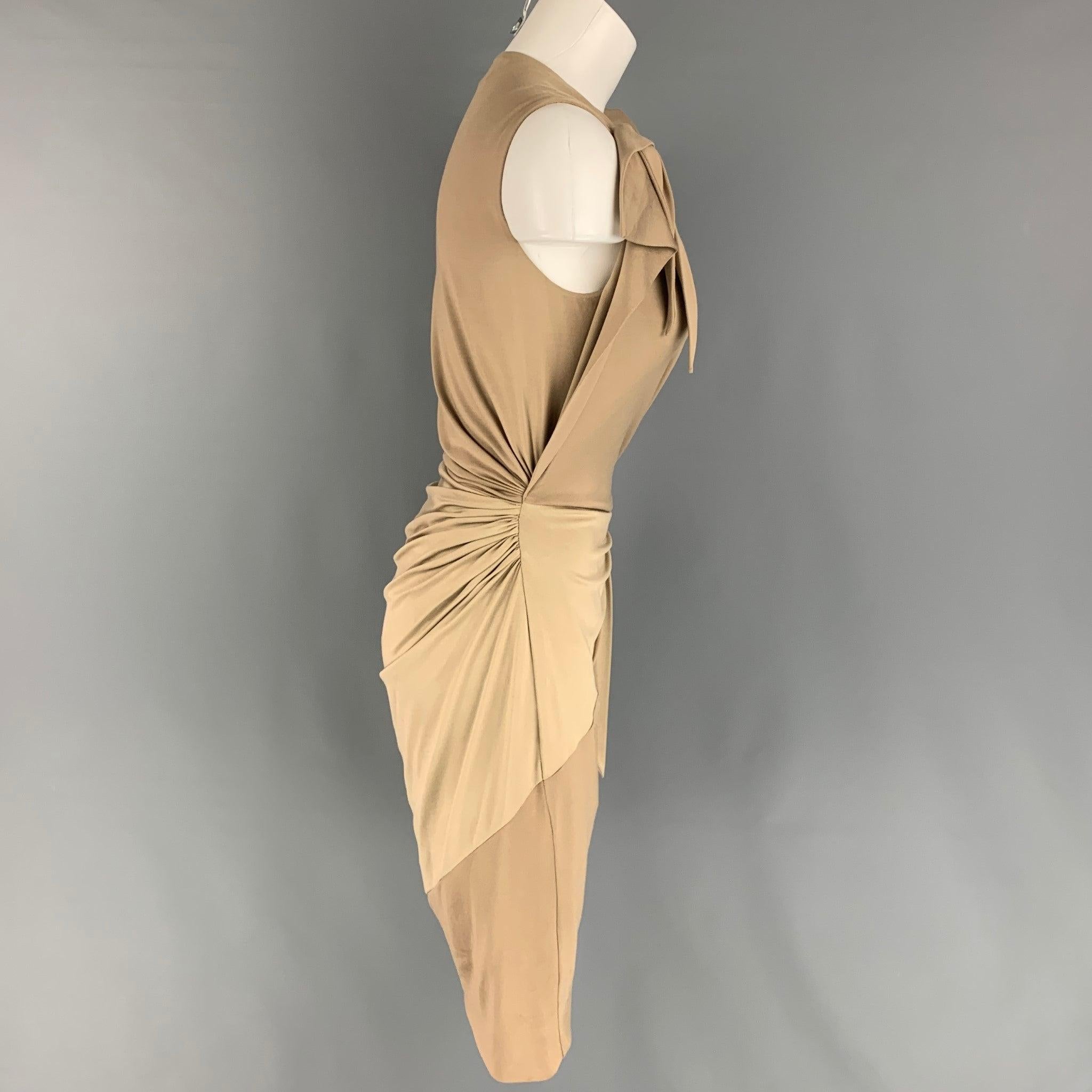 BURBERRY dress comes in a khaki stretch silk featuring a sheath style, gathered knot details, snap buttons, and a side zipper closure. Made in Italy.
Very Good
Pre-Owned Condition. 

Marked:   UK 8 / US 6 / IT 40 

Measurements: 
 
Shoulder: 13
