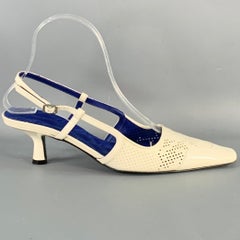 BURBERRY Size 7 Cream Patent Leather Perforated Kitten Heel Slingback Sandals