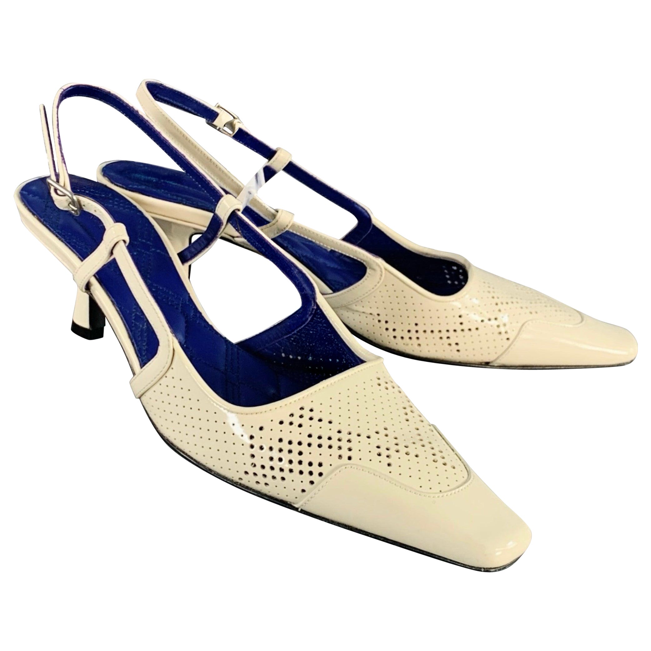 BURBERRY Size 7 Cream Patent Leather Perforated Kitten Heel Slingback Sandals