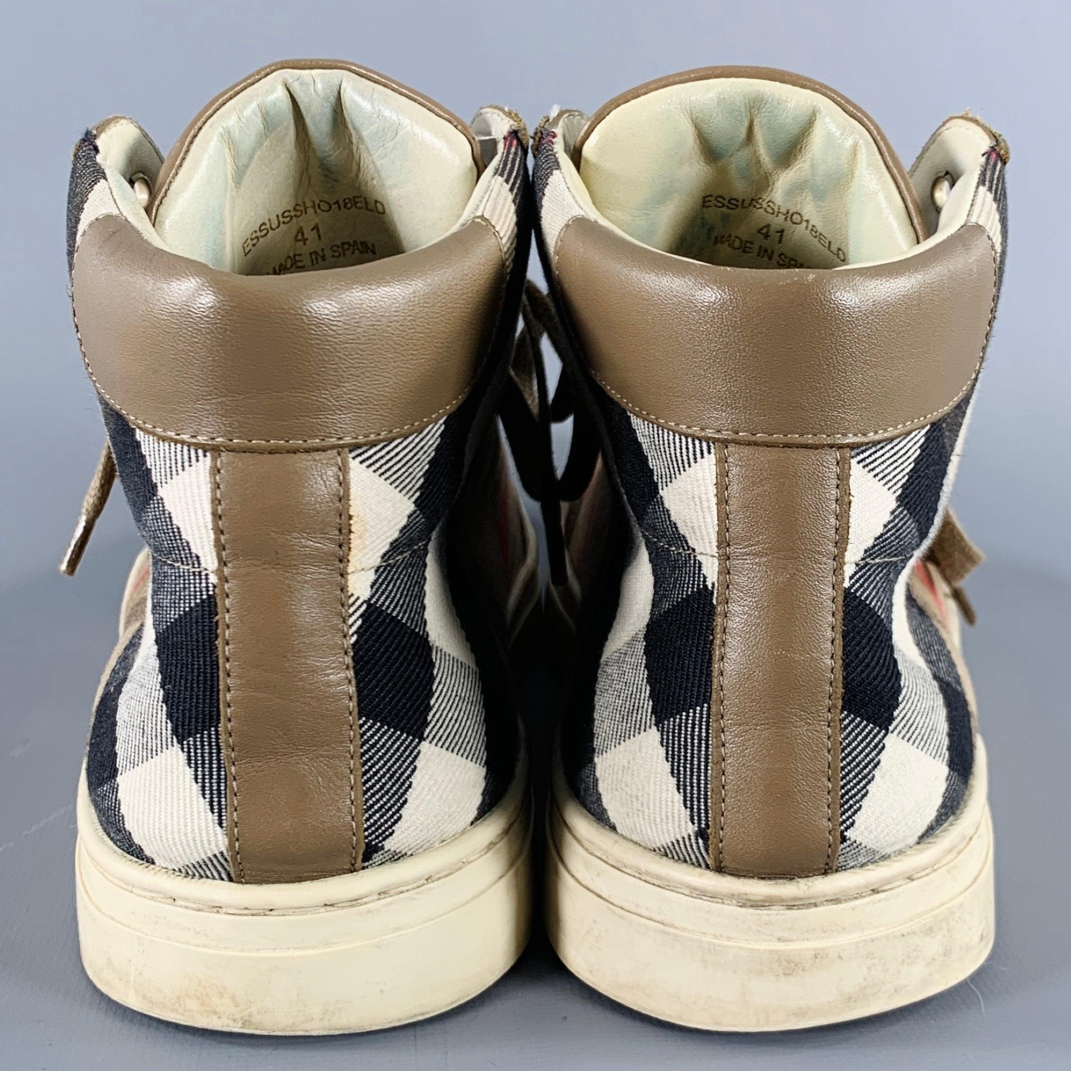 Brown BURBERRY Size 8 Beige Black Plaid Canvas High Top Sneakers