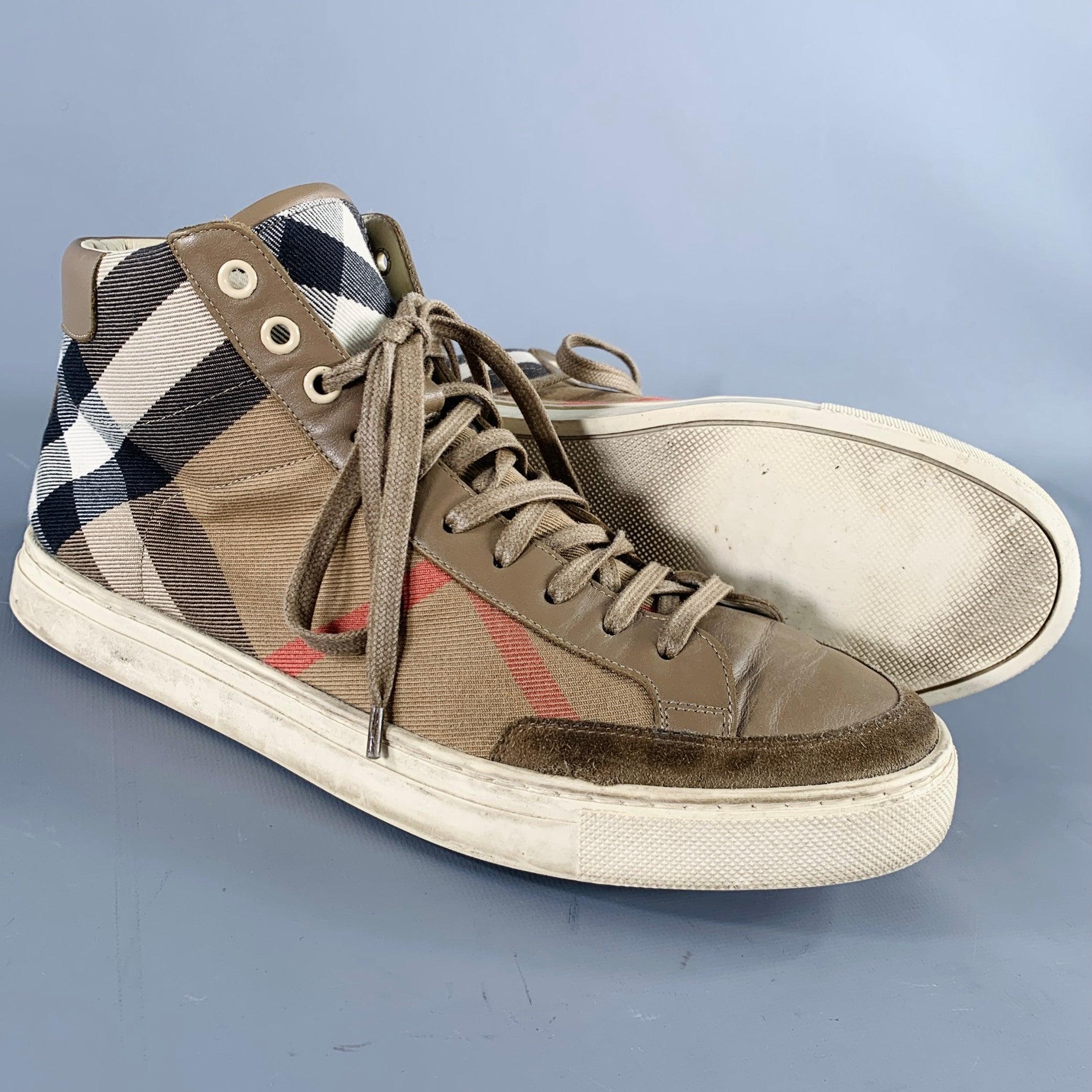 Men's BURBERRY Size 8 Beige Black Plaid Canvas High Top Sneakers