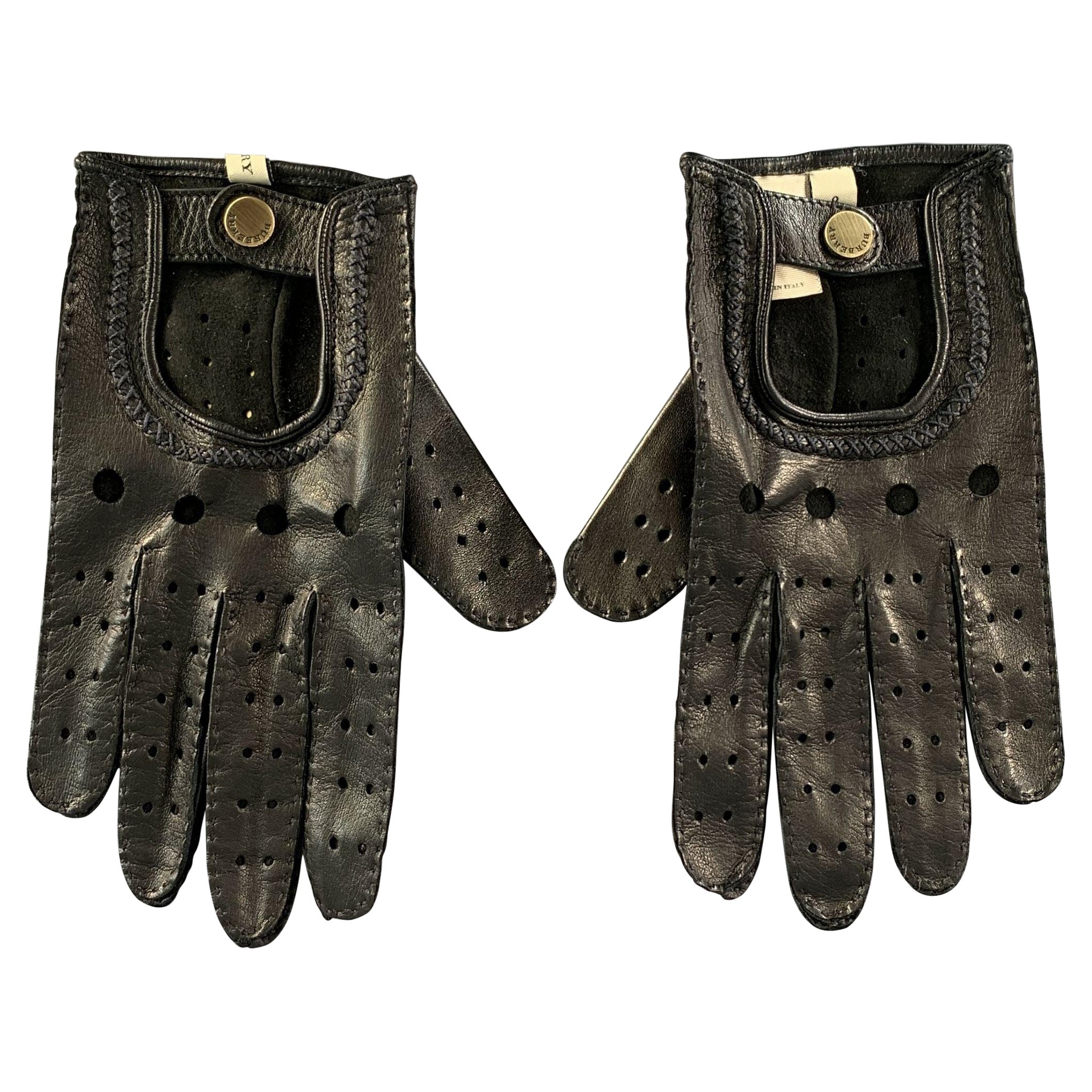 BURBERRY Size 8 Black Gold Perforated Lambskin Leather Gloves