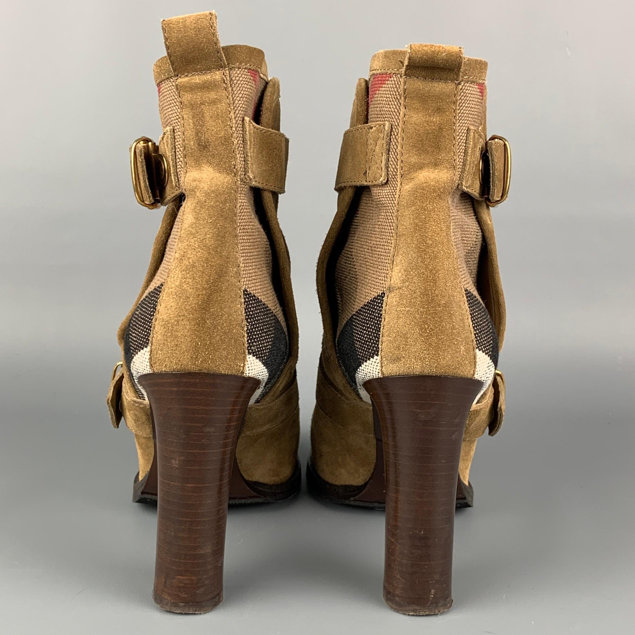 BURBERRY Size 8 Khaki Suede Ankle Strap Boots In Good Condition In San Francisco, CA