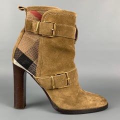 Used BURBERRY Size 8 Khaki Suede Ankle Strap Boots
