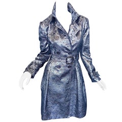 Burberry Size 8 Silver Gunmetal Black Metallic Belted Brocade Trench Jacket Coat