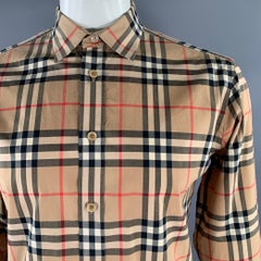 BURBERRY Size L Khaki Red Black Plaid Cotton Long Sleeve Shirt