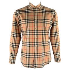 BURBERRY Size L Khaki Red Black Plaid Cotton Long Sleeve Shirt
