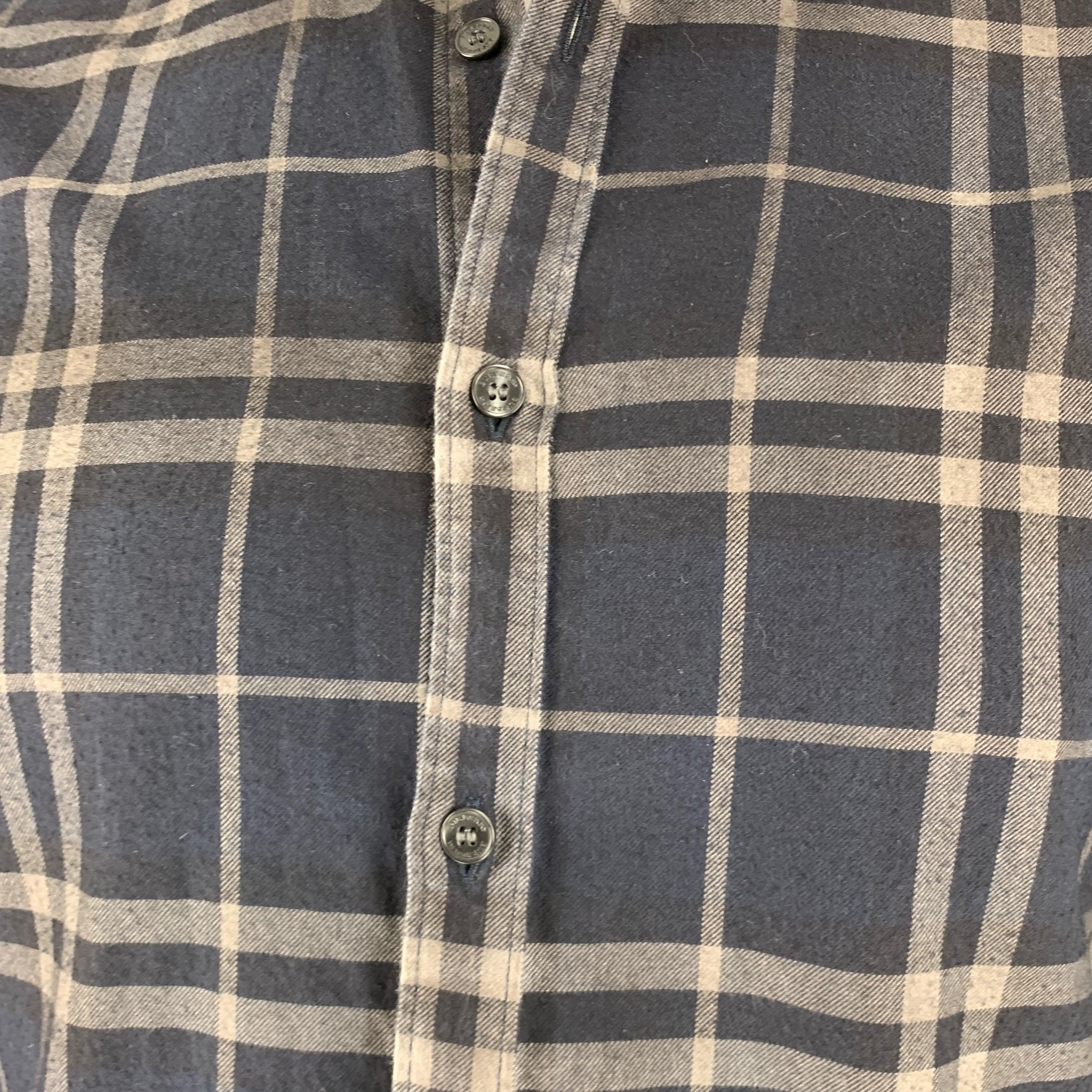 BURBERRY Size L Navy Grey Plaid Cotton Button Up Long Sleeve Shirt For Sale 1