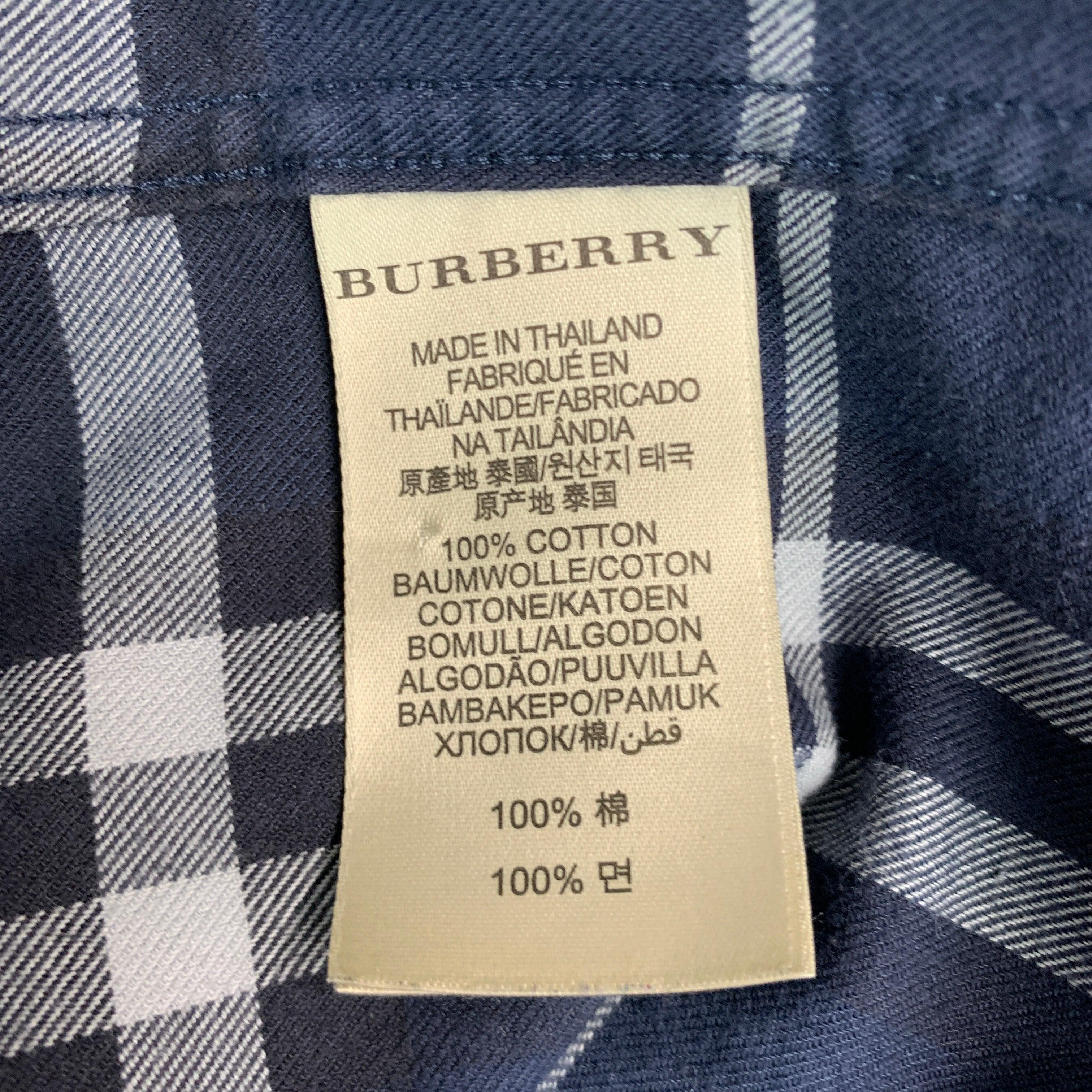 BURBERRY Size L Navy Grey Plaid Cotton Button Up Long Sleeve Shirt For Sale 3