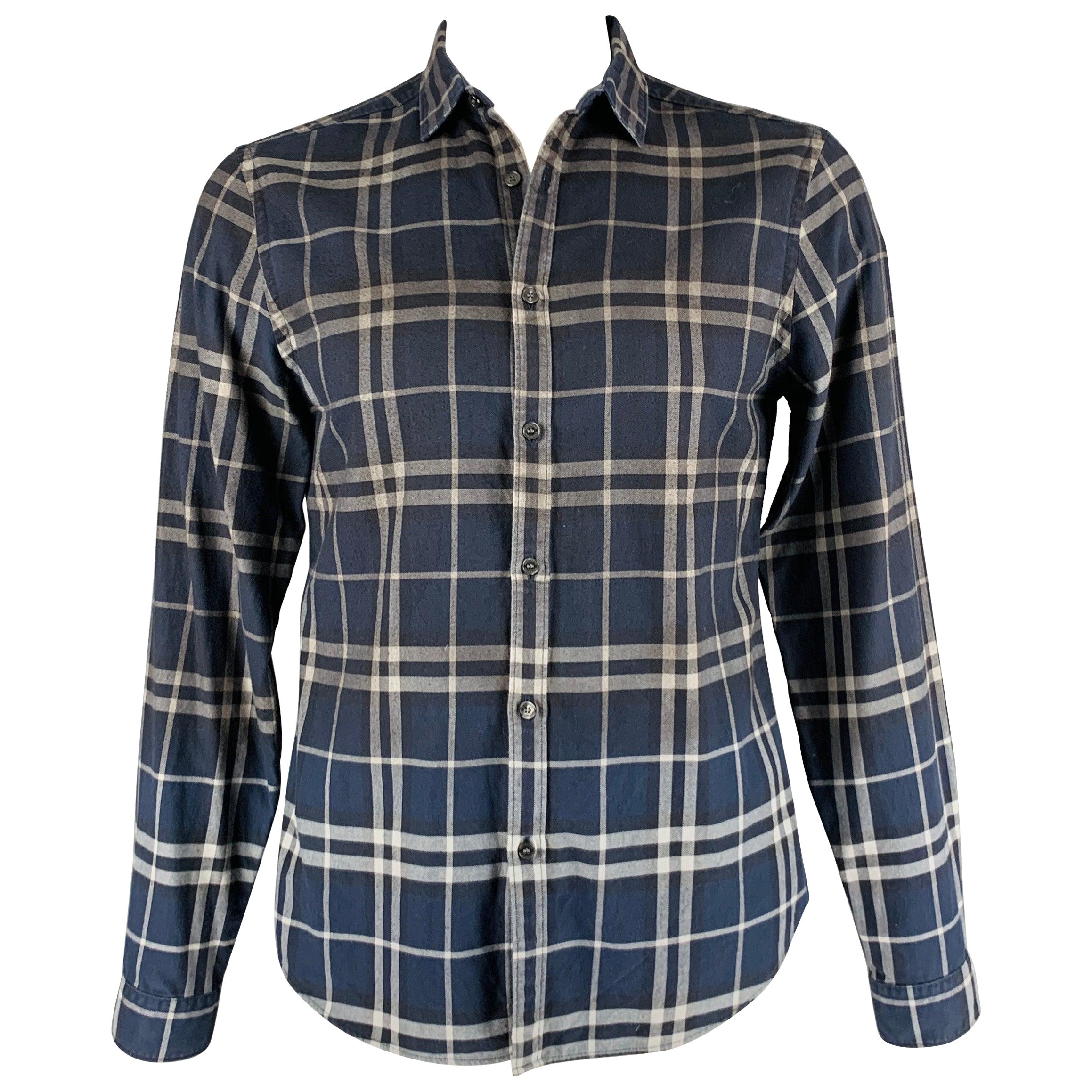 BURBERRY Size L Navy Grey Plaid Cotton Button Up Long Sleeve Shirt