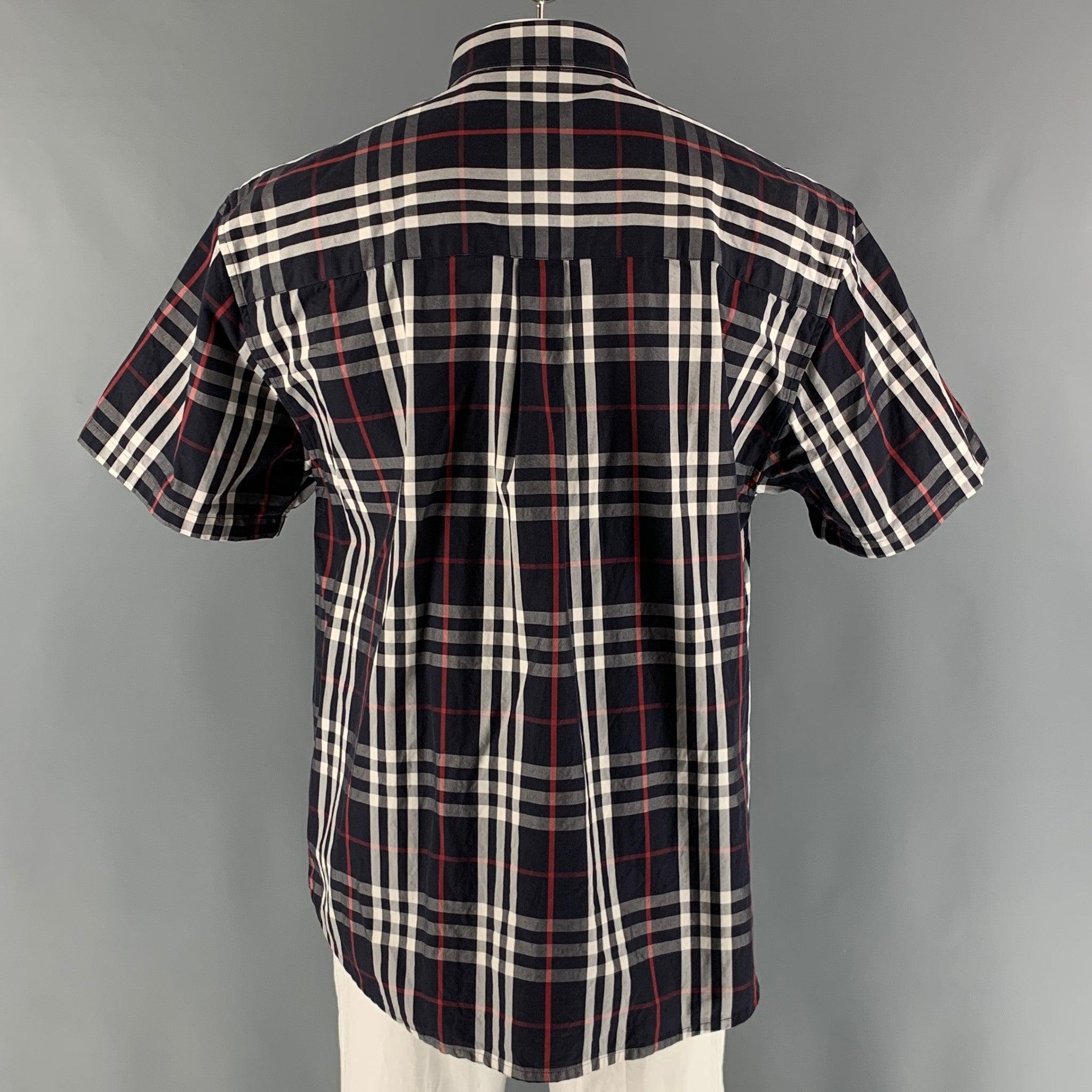BURBERRY Size L Navy White & Red Plaid Cotton Button Down Short Sleeve Shirt In Excellent Condition For Sale In San Francisco, CA