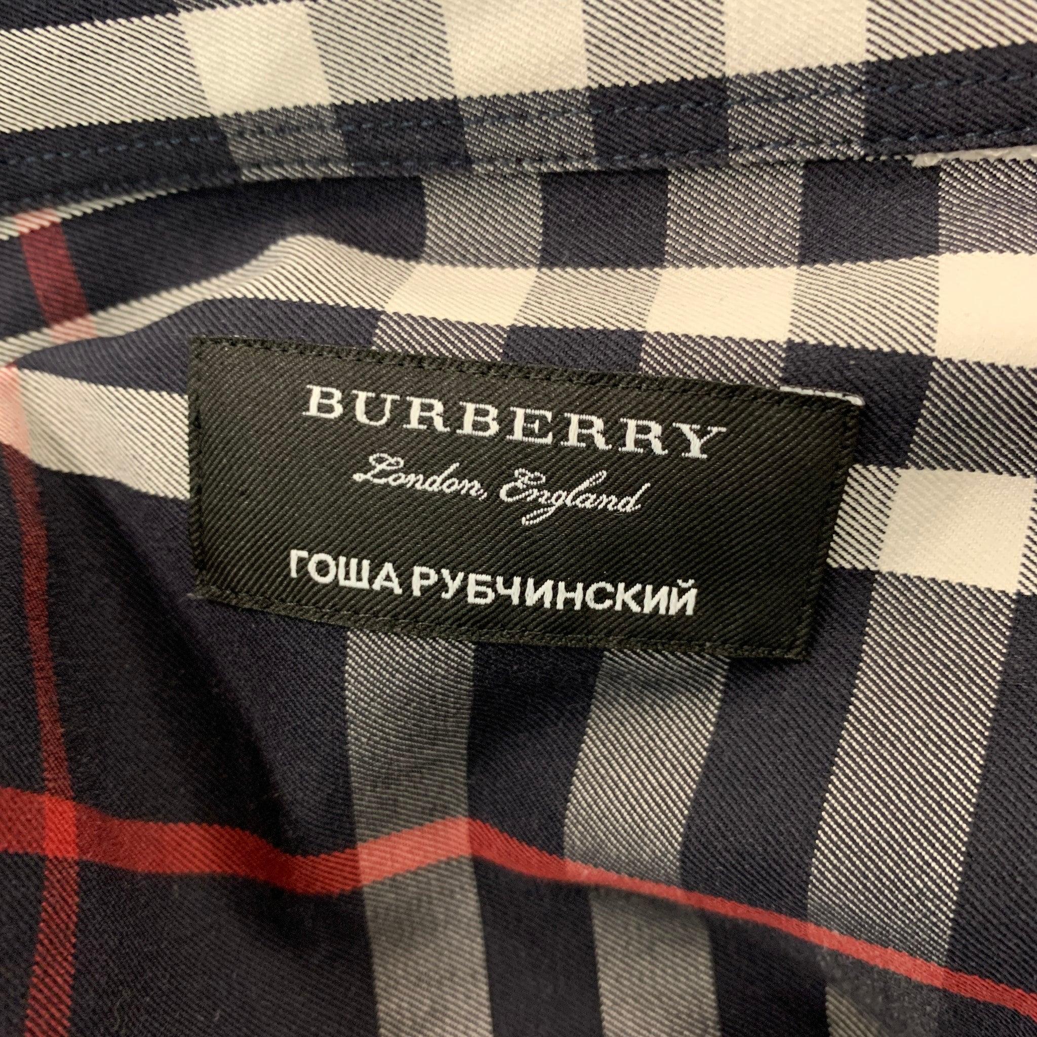 Men's BURBERRY Size L Navy White & Red Plaid Cotton Button Down Short Sleeve Shirt For Sale