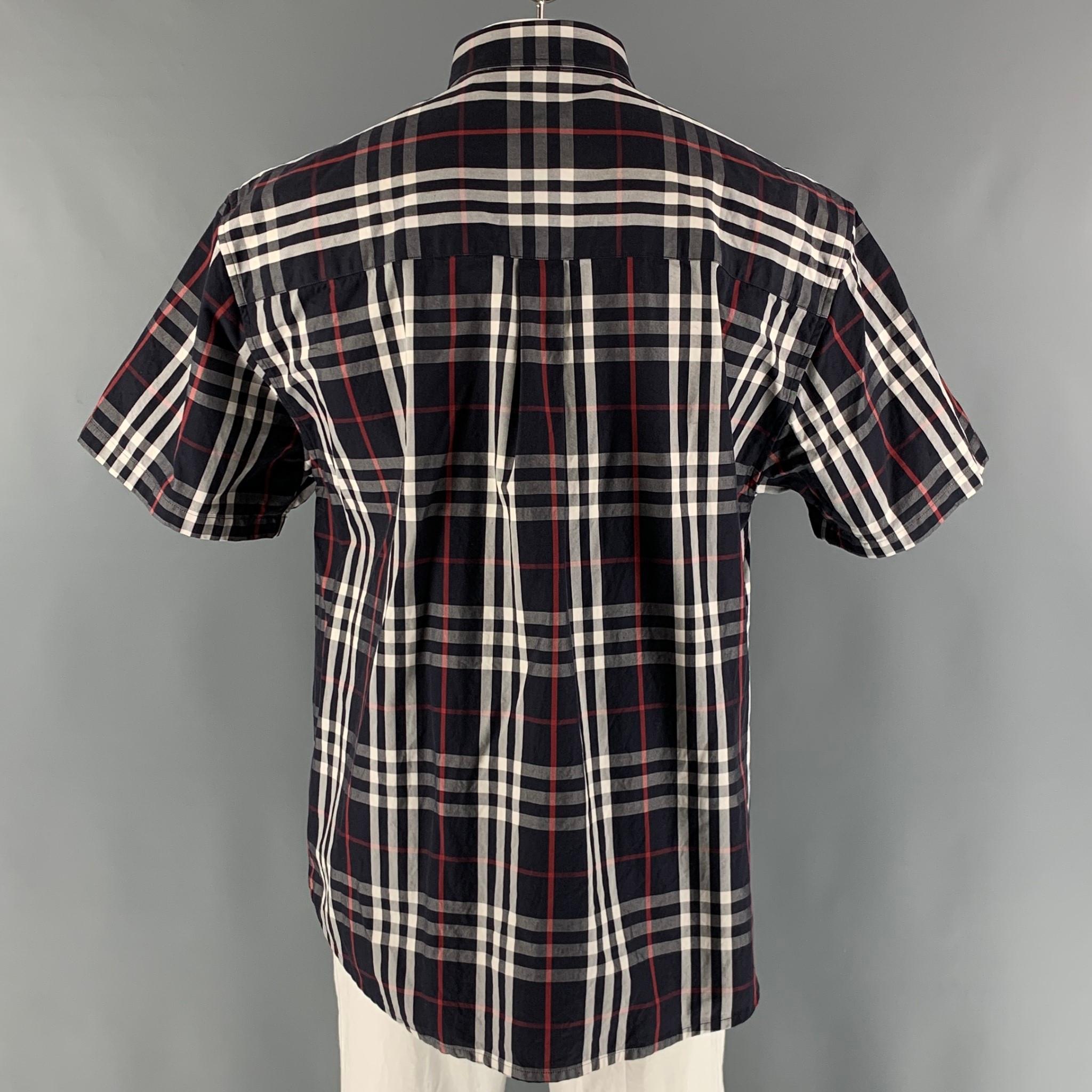 BURBERRY Size L Navy White & Red Plaid Cotton Button Down Short Sleeve Shirt In Excellent Condition In San Francisco, CA