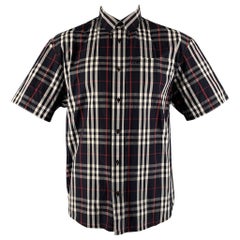 BURBERRY Size L Navy White & Red Plaid Cotton Button Down Short Sleeve Shirt