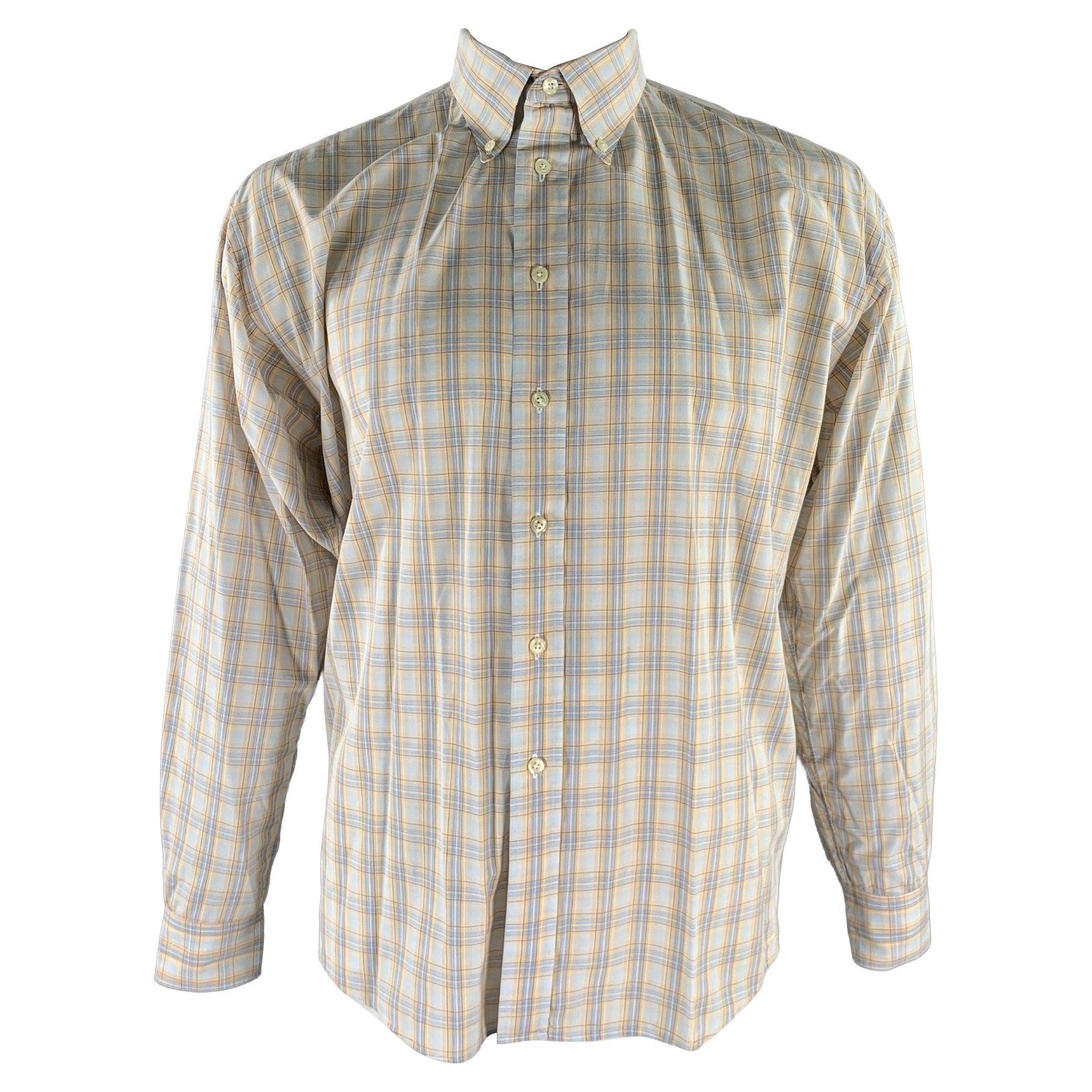 BURBERRY Size L Orange Blue Tartan Button Down Long Sleeve Shirt For Sale