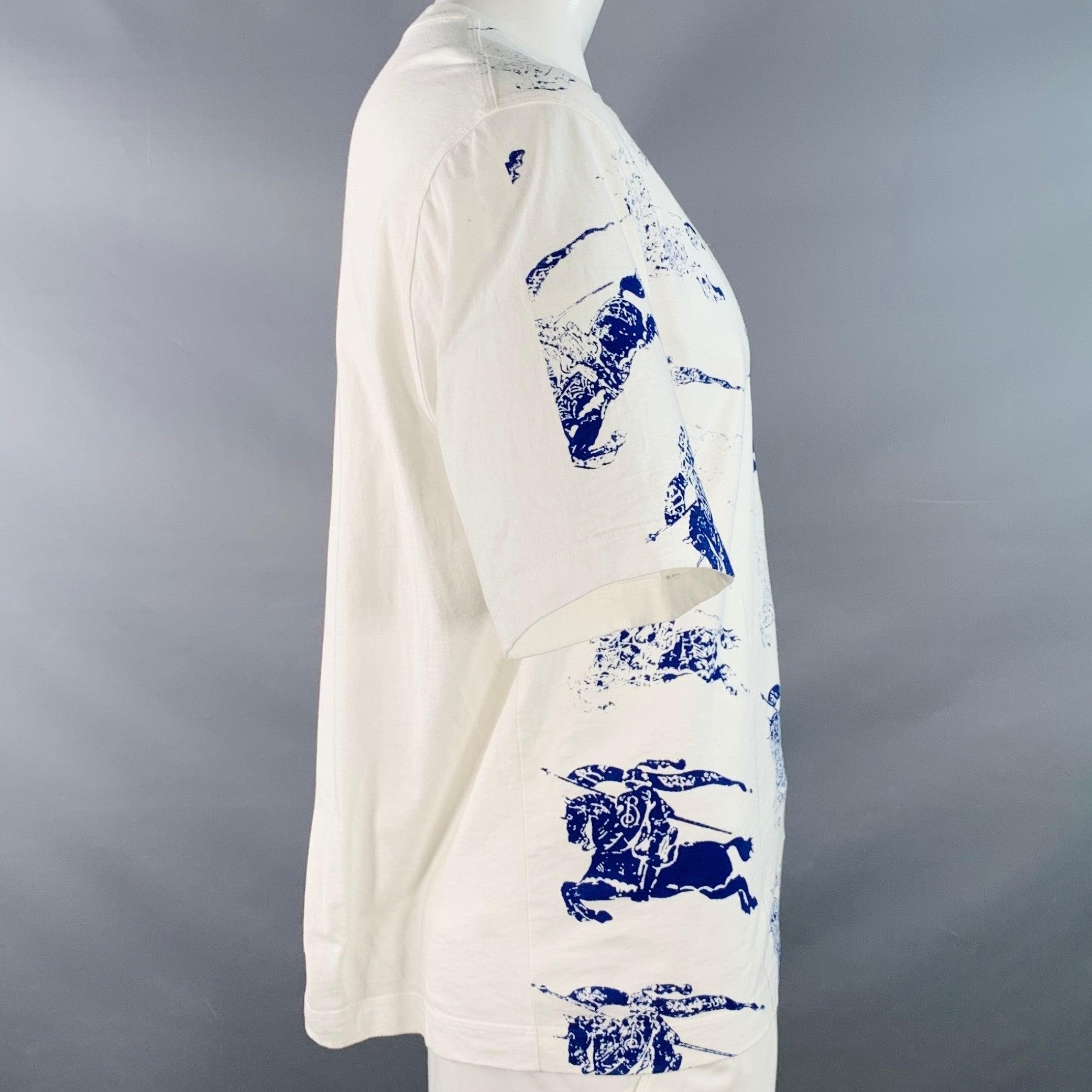 Gris BURBERRY Size L White Blue Logo Print Cotton Blend Short Sleeve T-shirt en vente