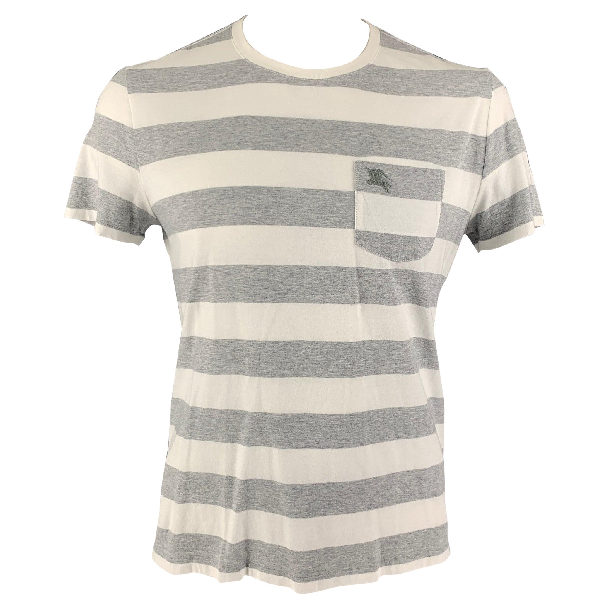 BURBERRY Taglia L Maglietta girocollo in cotone a righe grigio bianco