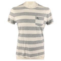 BURBERRY Size L White Grey Stripe Cotton Crew-Neck T-shirt