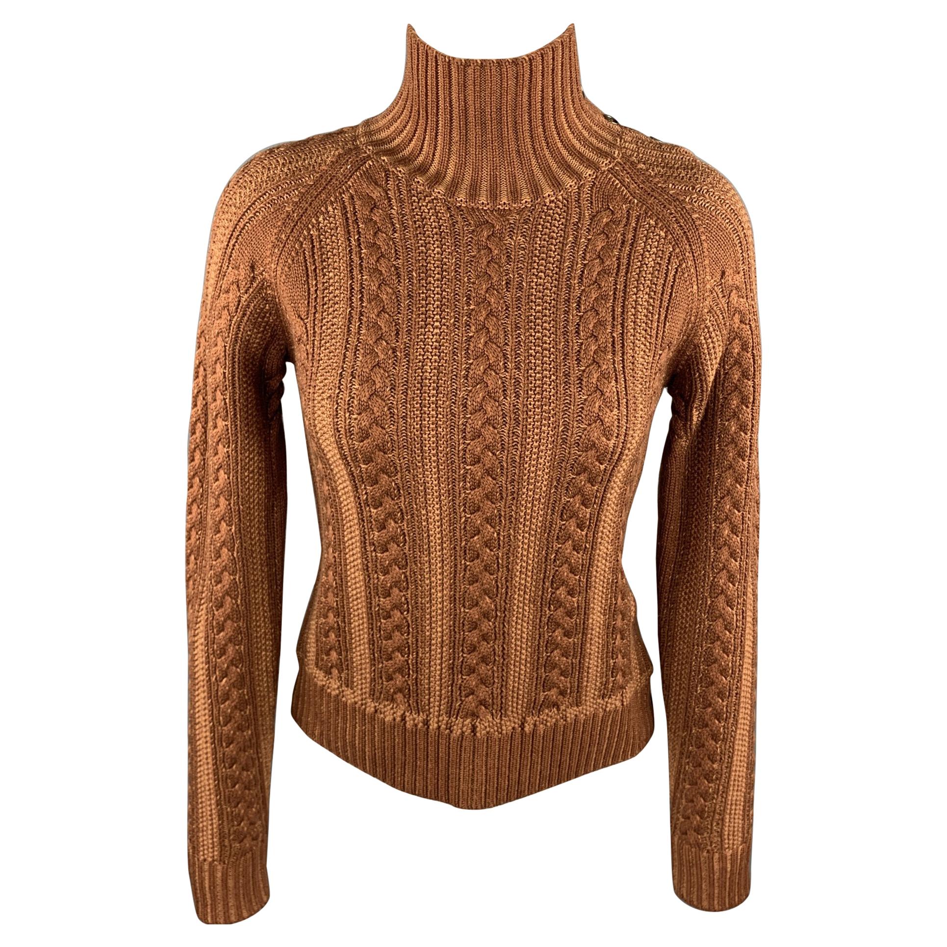 BURBERRY Size M Brown Cable Knit Wool / Cotton High Collar Sweater