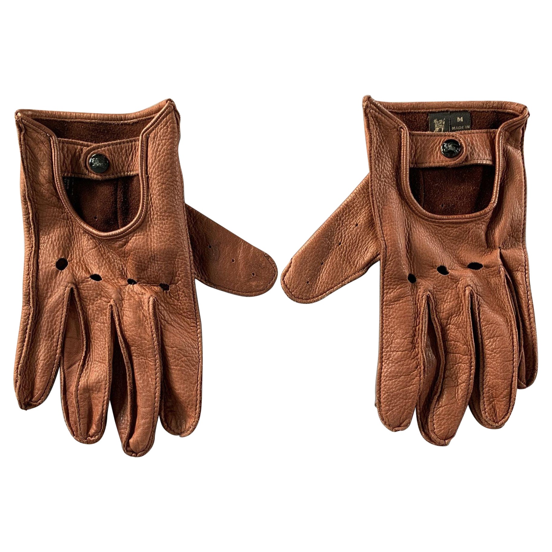 BURBERRY Size M Brown Perforated Deerskin Leather Gloves