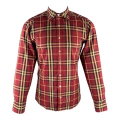 BURBERRY Size M Burgundy Khaki & Black Plaid Cotton Button Up Long Sleeve Shirt