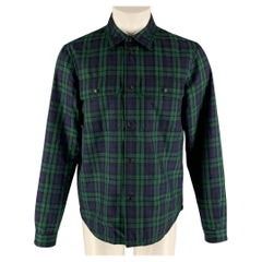 Used BURBERRY Size M Green Navy Plaid Wool Shirt Jacket